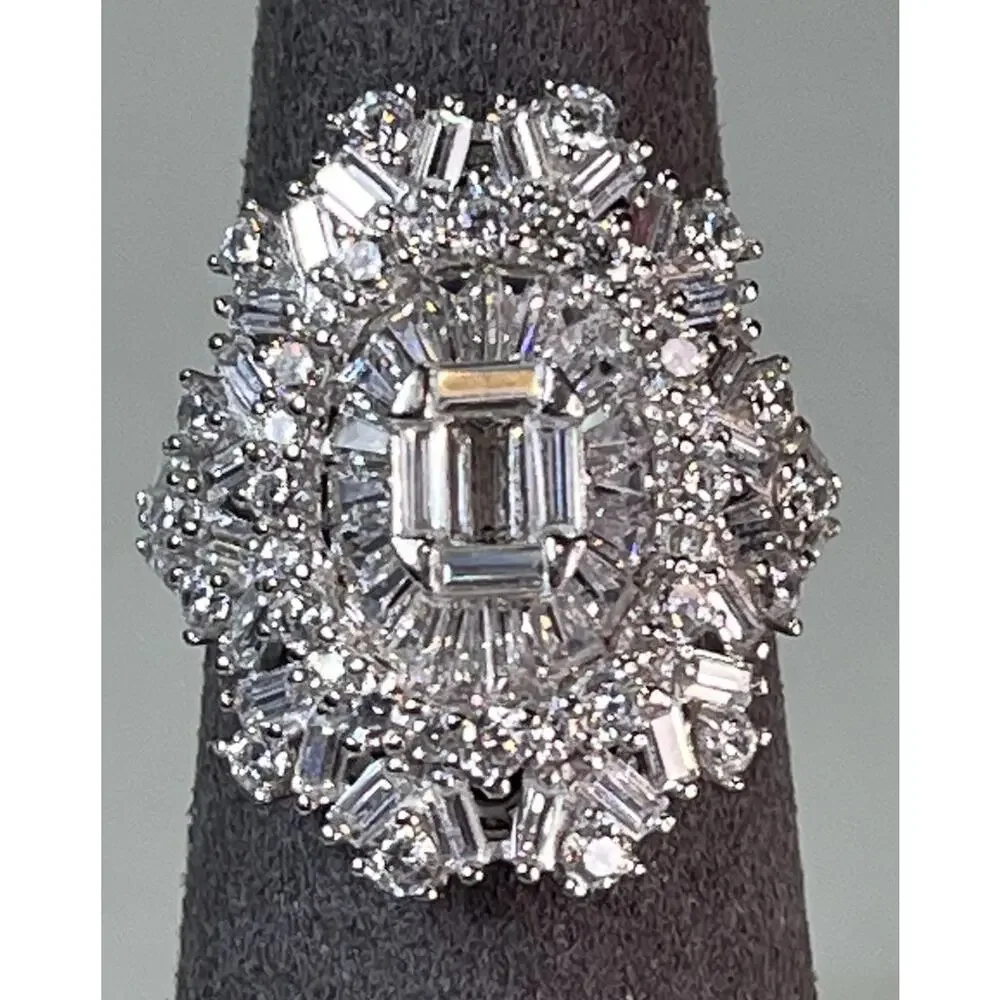 925 Sterling Silver CZ Baguette Cluster Statement Cocktail Ring Size 6.5